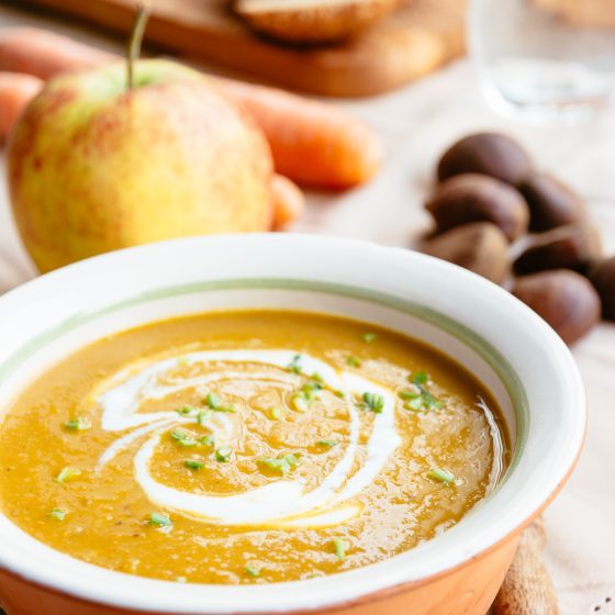 Squash & Cider Soup with Caramelized Farro and Apples