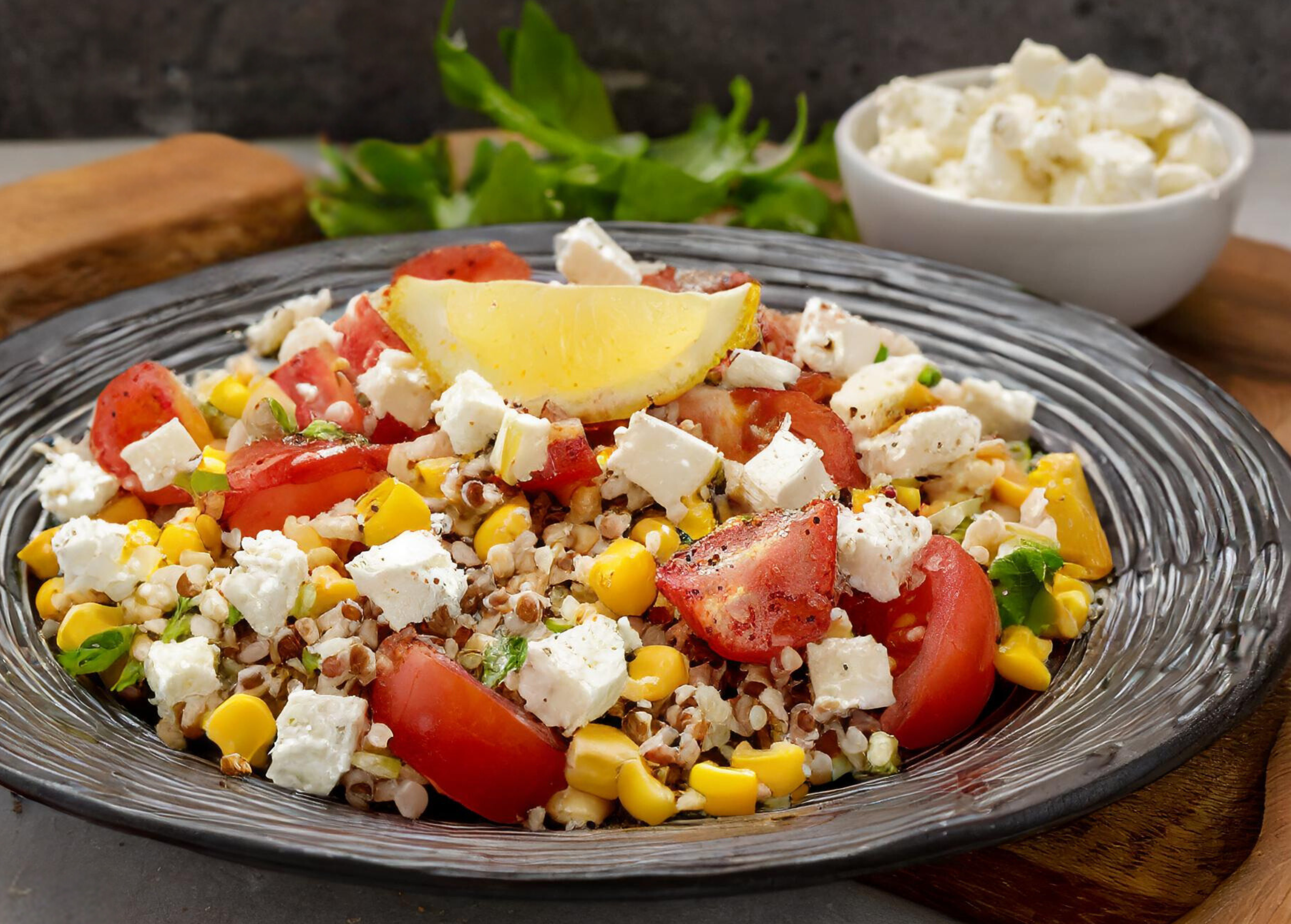 Farro and Corn Salad with tomatoes and feta