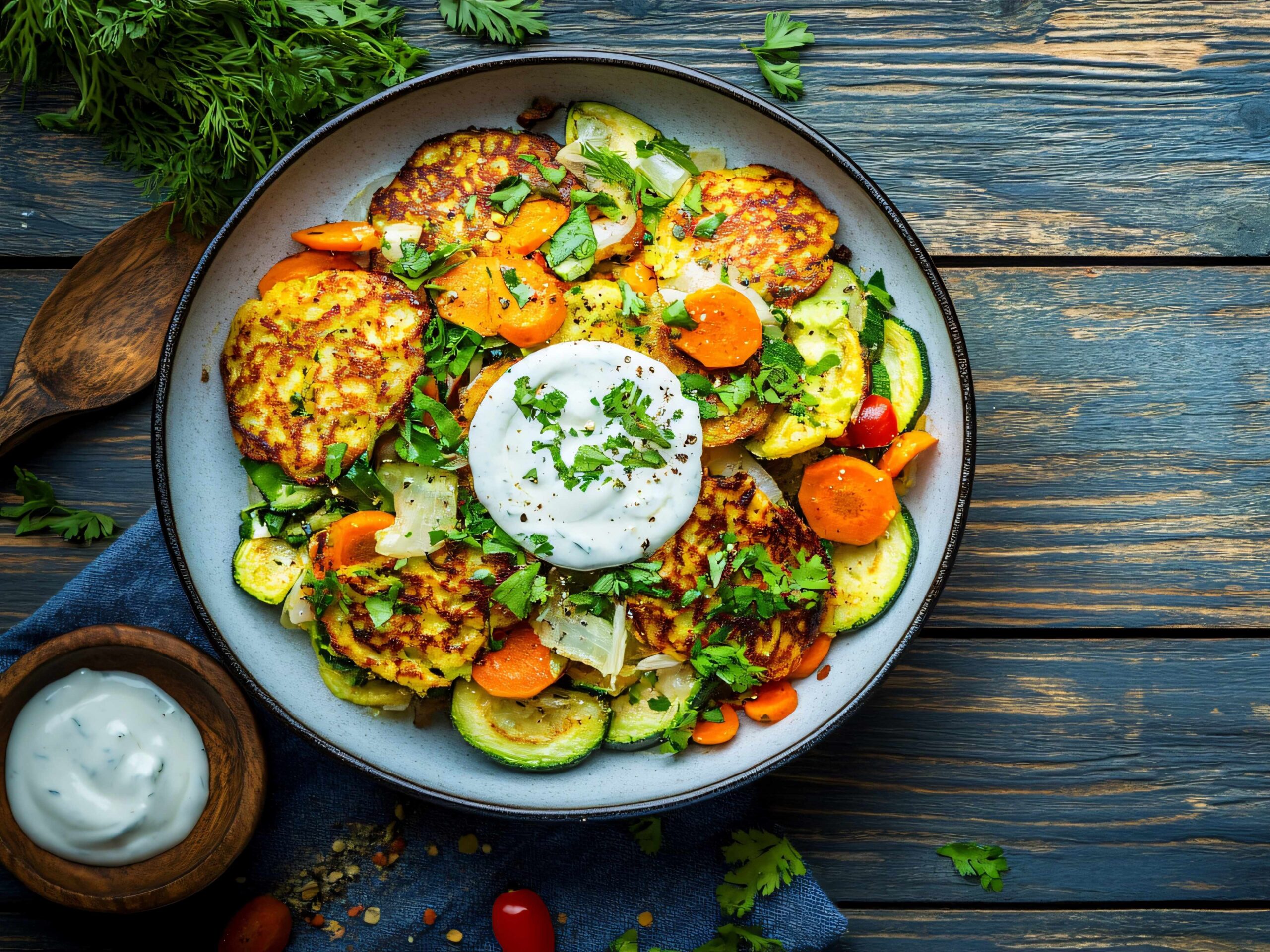 Zucchini Fritters, summer meal, cracked farro