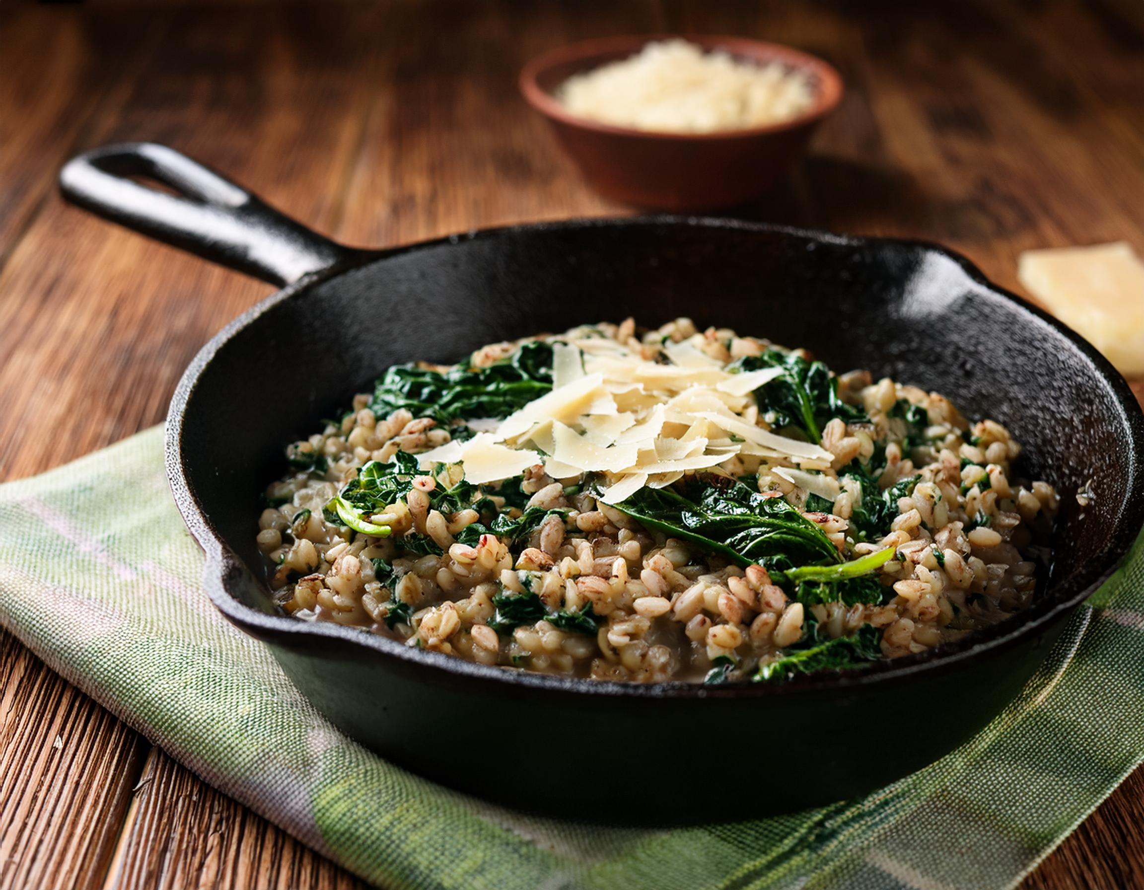 Creamy Farro Risotto with Spinach, warm Emmer Farro dish, farro dish, best farro recipe