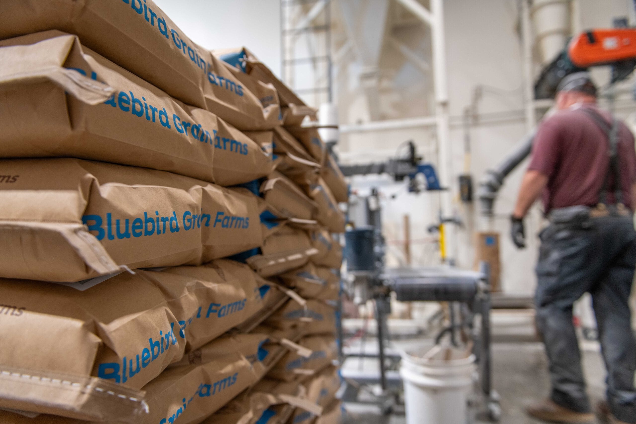 Bluebird Grain Farms Granary, organic grain and flour processing facility, Dan in milling, 25 pound bags on pallet
