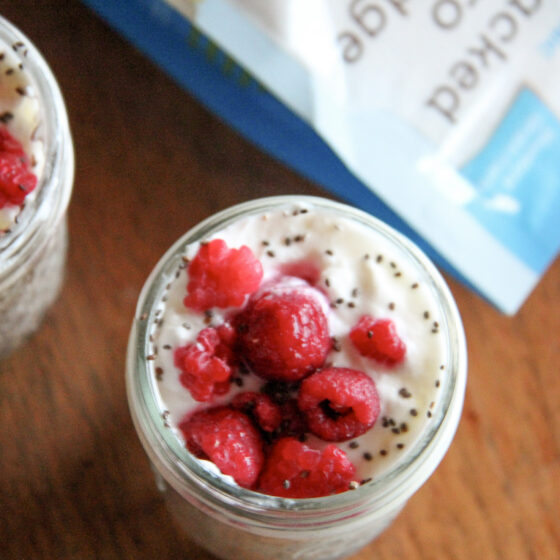 Overnight cracked farro and chia seeds soaked in oat milk for 8 hours. Topped with yogurt, raspberries, poppy seeds