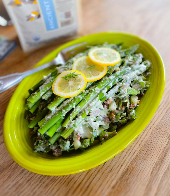 Ancient grains, tzatziki, asparagus, Greek yogurt, arugula, Bluebird Grain Farms, vegetarian, Ancient Whole Grain Blend, Spring side dish with farro